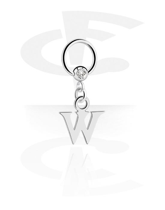 Piercing Rings, Ball closure ring (surgical steel, silver, shiny finish) with crystal stone and charm with letter "W", Surgical Steel 316L, Plated Brass