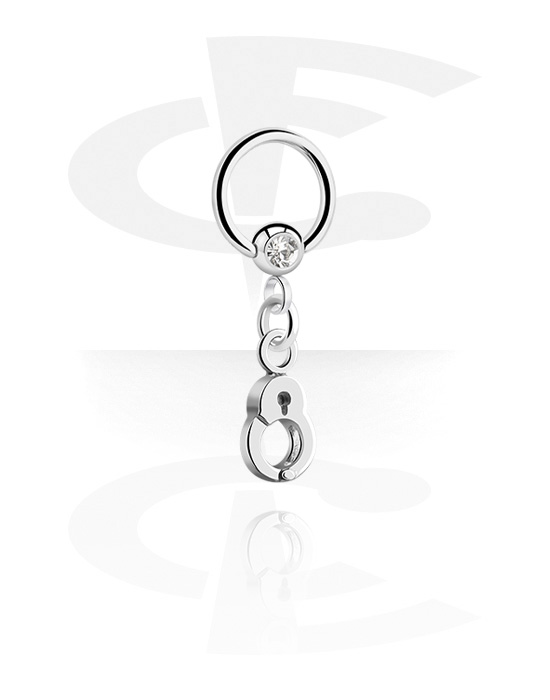 Anneaux, Ball closure ring (acier chirurgical, argent, finition brillante) avec pierre en cristal et pendentif menottes, Acier chirurgical 316L, Laiton plaqué