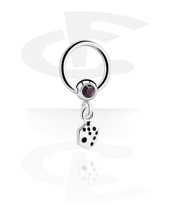 Piercing Rings, Ball closure ring (surgical steel, silver, shiny finish) with crystal stone and dice charm, Surgical Steel 316L, Plated Brass