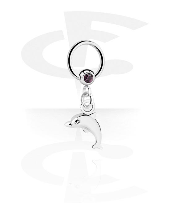 Piercing Rings, Ball closure ring (surgical steel, silver, shiny finish) with crystal stone and dolphin charm, Surgical Steel 316L, Plated Brass