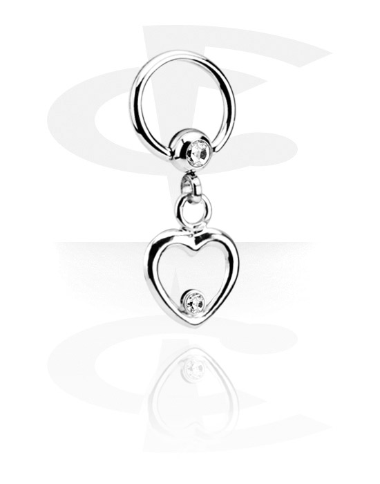 Anneaux, Ball closure ring (acier chirurgical, argent, finition brillante) avec pierre en cristal et pendentif coeur, Acier chirurgical 316L, Laiton plaqué