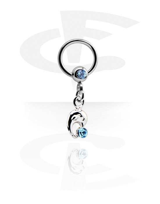 Anéis piercing, Ball closure ring (aço cirúrgico, prata, acabamento brilhante) com pedra de cristal e pendente golfinho, Aço cirúrgico 316L