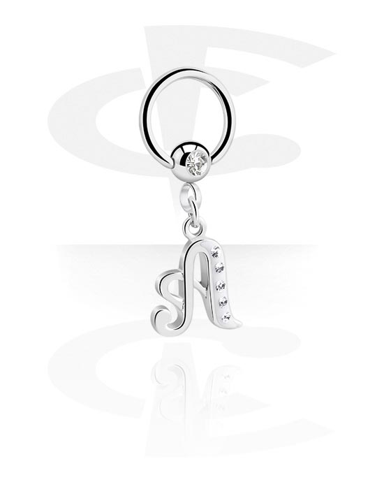 Piercing Rings, Ball closure ring (surgical steel, silver, shiny finish) with charm with letter "A" and crystal stones, Surgical Steel 316L, Plated Brass
