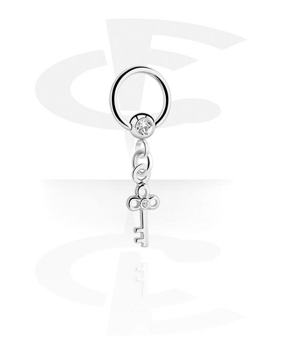 Piercing Rings, Ball closure ring (surgical steel, silver, shiny finish) with crystal stone and key charm, Surgical Steel 316L, Plated Brass