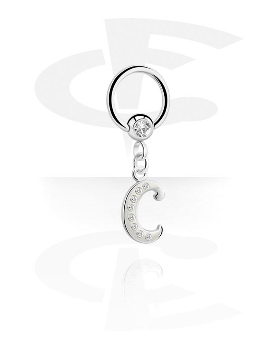 Piercing Rings, Ball closure ring (surgical steel, silver, shiny finish) with charm with letter "C" and crystal stones, Surgical Steel 316L, Plated Brass