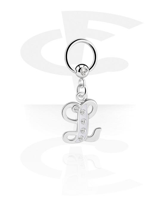 Piercing Rings, Ball closure ring (surgical steel, silver, shiny finish) with charm with letter "L" and crystal stones, Surgical Steel 316L, Plated Brass