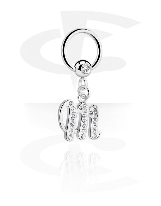 Piercing Rings, Ball closure ring (surgical steel, silver, shiny finish) with charm with letter "M" and crystal stones, Surgical Steel 316L, Plated Brass
