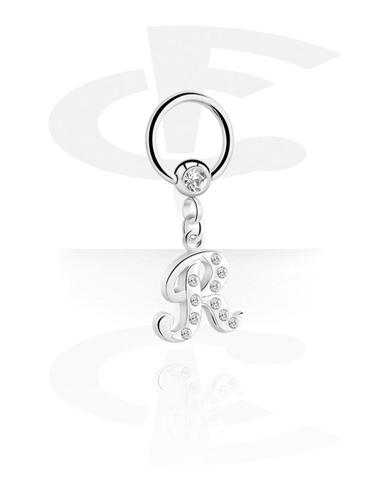 Piercing Rings, Ball closure ring (surgical steel, silver, shiny finish) with charm with letter "R" and crystal stones, Surgical Steel 316L, Plated Brass