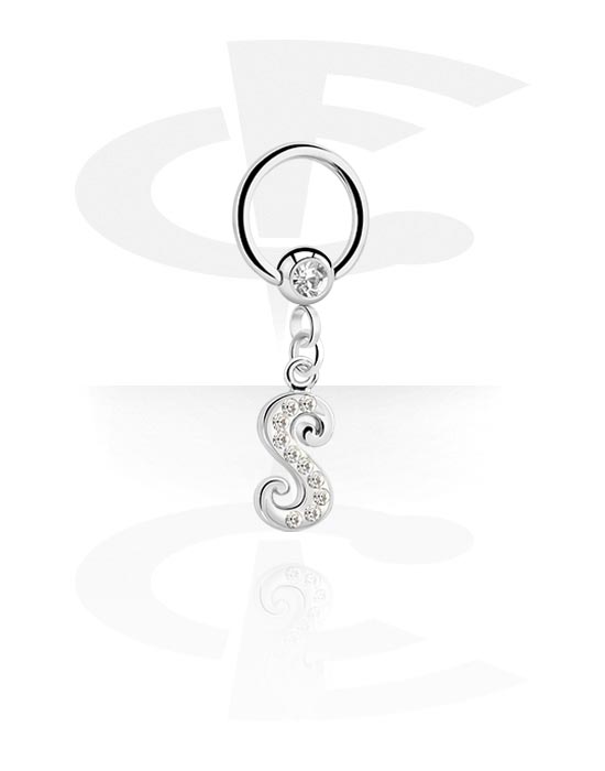 Piercing Rings, Ball closure ring (surgical steel, silver, shiny finish) with charm with letter "S" and crystal stones, Surgical Steel 316L, Plated Brass
