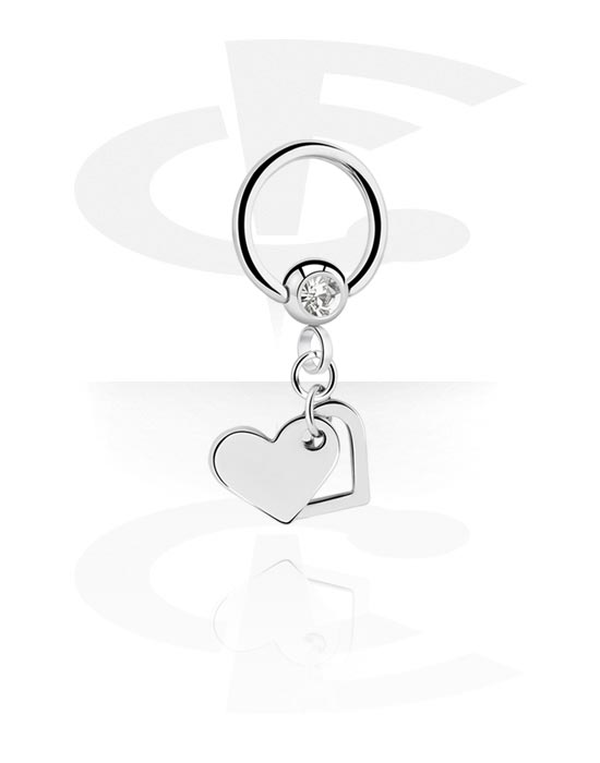 Piercing Rings, Ball closure ring (surgical steel, silver, shiny finish) with crystal stone and heart charm, Surgical Steel 316L, Plated Brass