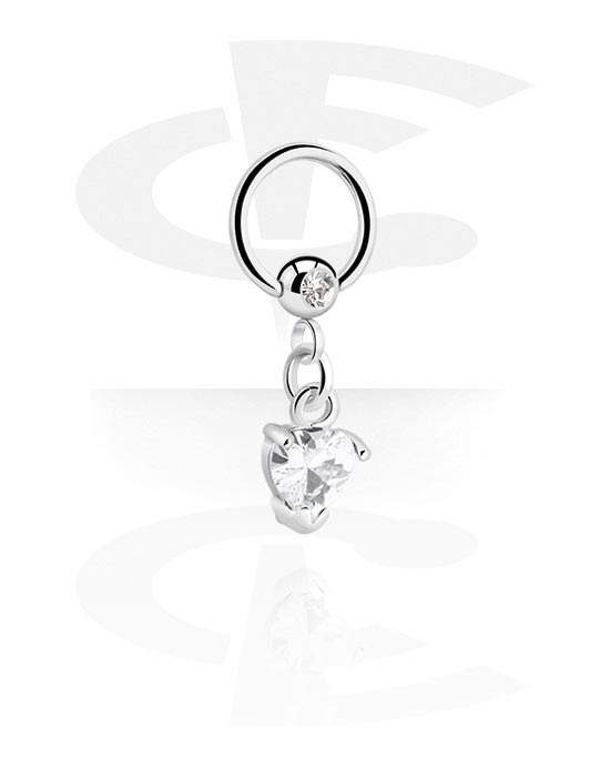 Anneaux, Ball closure ring (acier chirurgical, argent, finition brillante) avec pierre en cristal et pendentif coeur, Acier chirurgical 316L, Laiton plaqué