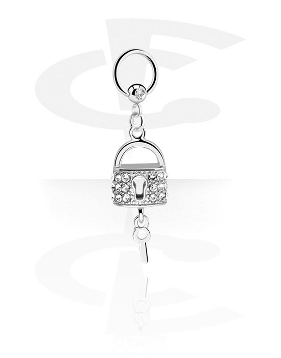 Piercing Rings, Ball closure ring (surgical steel, silver, shiny finish) with crystal stone and padlock charm, Surgical Steel 316L, Plated Brass