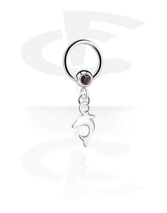 Anéis piercing, Ball closure ring (aço cirúrgico, prata, acabamento brilhante) com pedra de cristal e pendente golfinho, Aço cirúrgico 316L, Latão revestido
