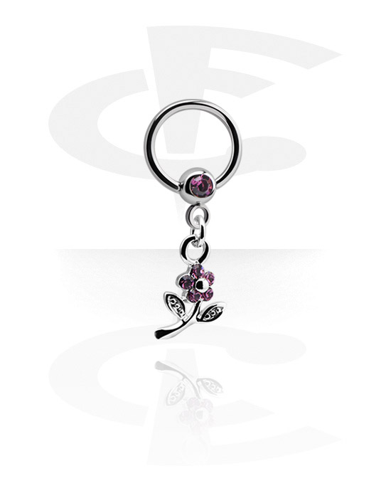 Piercing Rings, Ball closure ring (surgical steel, silver, shiny finish) with flower charm and crystal stones, Surgical Steel 316L, Plated Brass