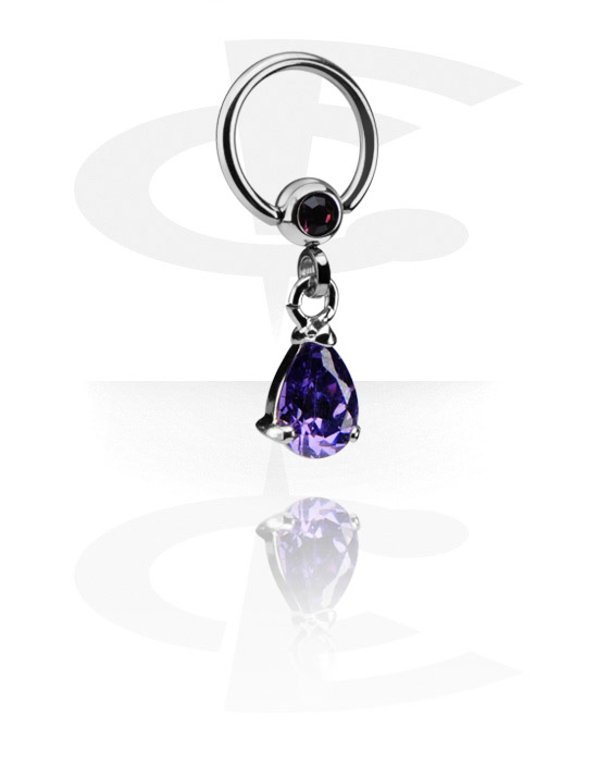 Anéis piercing, Ball closure ring (aço cirúrgico, prata, acabamento brilhante) com pedra de cristal e pendente, Aço cirúrgico 316L