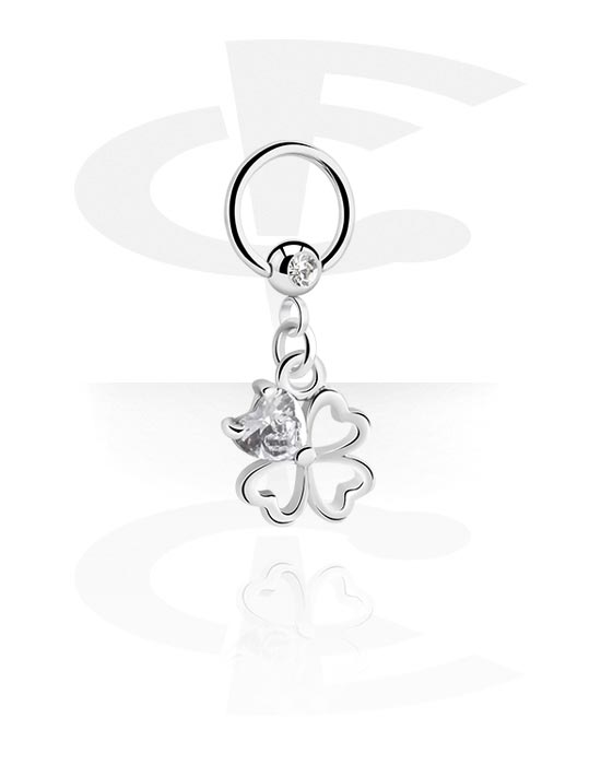 Piercing Rings, Ball closure ring (surgical steel, silver, shiny finish) with crystal stone and cloverleaf charm, Surgical Steel 316L, Plated Brass