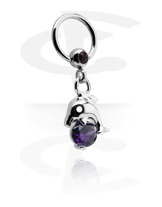 Piercing Rings, Ball closure ring (surgical steel, silver, shiny finish) with crystal stone and dolphin charm, Surgical Steel 316L