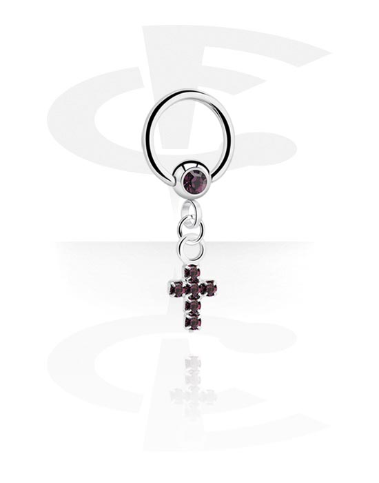 Piercing Rings, Ball closure ring (surgical steel, silver, shiny finish) with crystal stone and cross charm, Surgical Steel 316L, Plated Brass