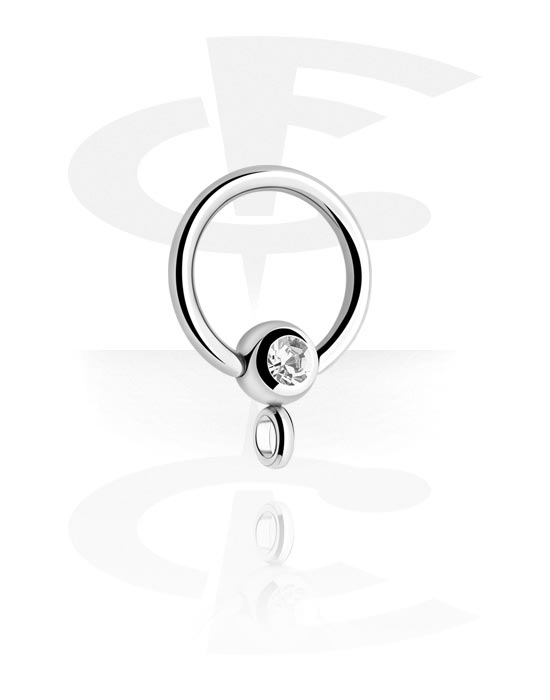 Balls, Pins & More, Ball closure ring (surgical steel, silver, shiny finish) with crystal stone and hoop for attachments, Surgical Steel 316L
