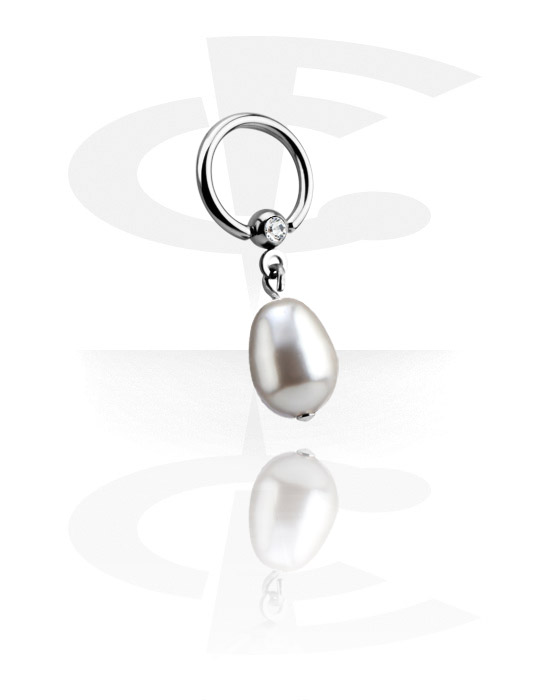 Piercing Rings, Ball closure ring (surgical steel, silver, shiny finish) with crystal stone and imitation pearl charm, Surgical Steel 316L