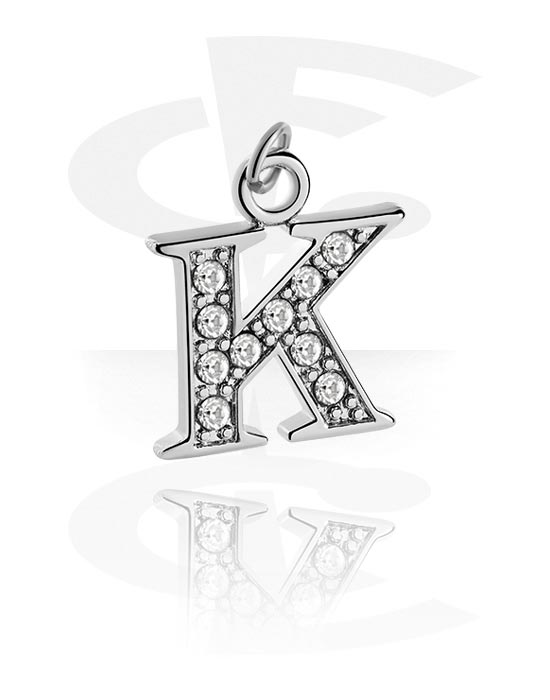 Kugler, stave m.m., Charm (pletteret messing) med bogstavet K og krystaller, Pletteret messing