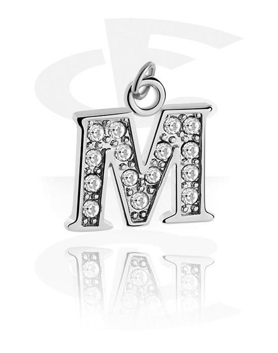 Kugler, stave m.m., Charm (pletteret messing) med bogstavet M og krystaller, Pletteret messing