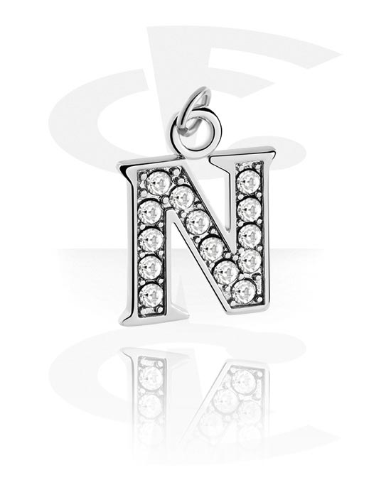 Kugler, stave m.m., Charm (pletteret messing) med bogstavet N og krystaller, Pletteret messing