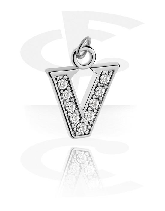 Balls, Pins & More, Charm (plated brass) with letter V and crystal stones, Plated Brass