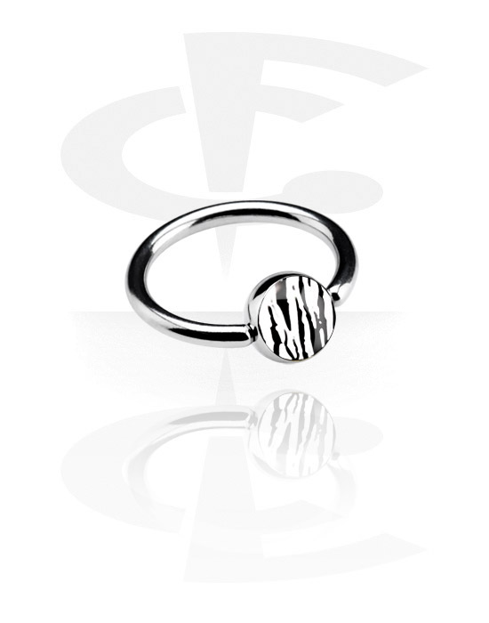 Anéis piercing, Ball closure ring (aço cirúrgico, prata, acabamento brilhante) com bola com padrão de zebra, Aço cirúrgico 316L