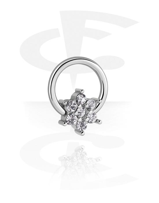 Piercing Ringe, Ring med kuglelukning (kirurgisk stål, sølv, blank finish) med stjernefront og krystaller, Kirurgisk stål 316L