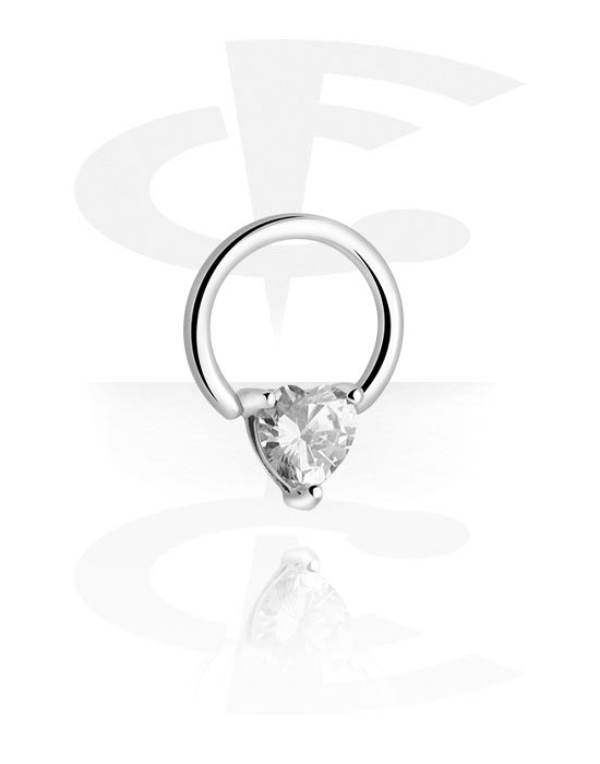 Alke za piercing, Prsten s kuglicom (kirurški čelik, srebrna, sjajna završna obrada) s kristalnim kamenom u obliku srca, Kirurški čelik 316L