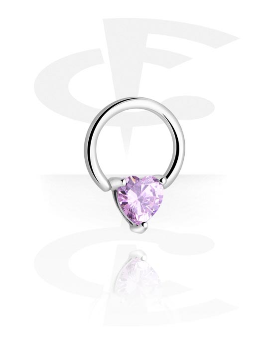 Anneaux, Ball closure ring (acier chirurgical, argent, finition brillante) avec pierrre en crystal en forme de coeur, Acier chirurgical 316L