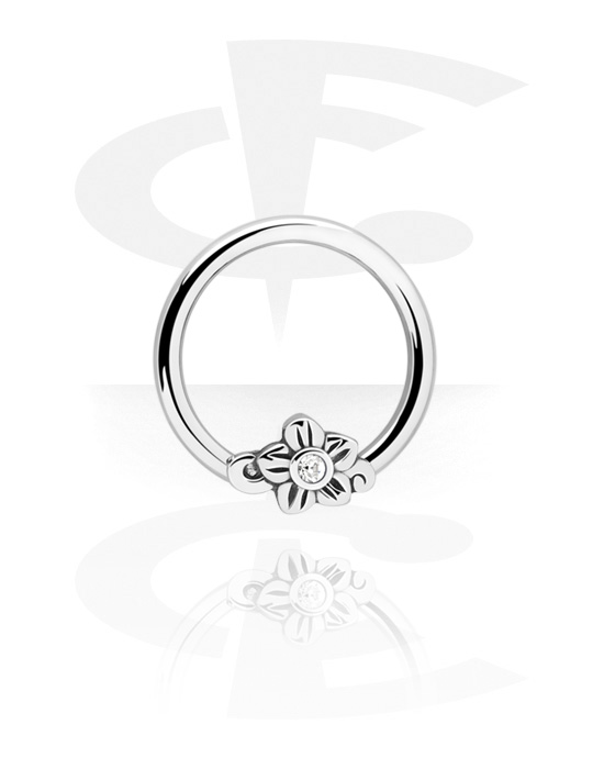 Piercing Rings, Ball closure ring (surgical steel, silver, shiny finish) with flower design and crystal stone, Surgical Steel 316L