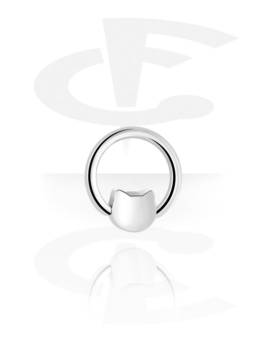 Anéis piercing, Ball closure ring (aço cirúrgico, prata, acabamento brilhante) com acessório gato, Aço cirúrgico 316L