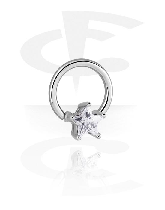 Piercing Rings, Ball closure ring (surgical steel, silver, shiny finish) with star-shaped crystal stone, Surgical Steel 316L