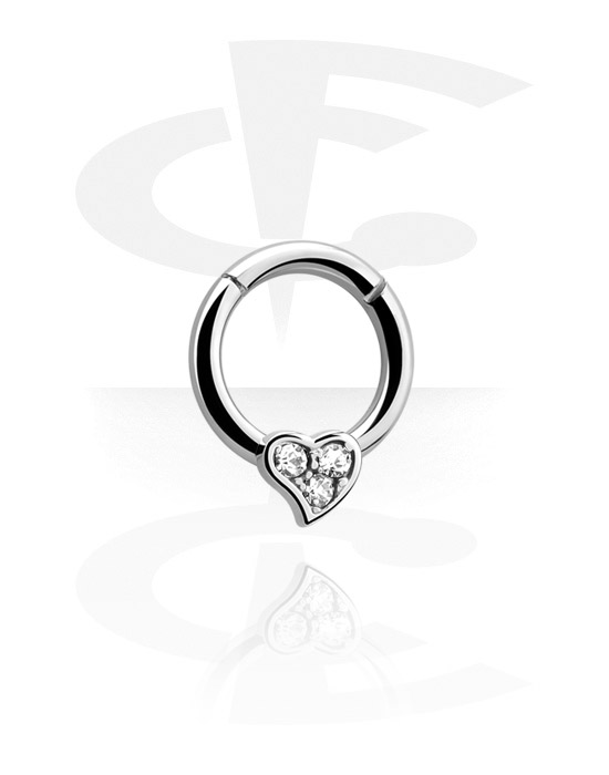 Anneaux, Multi-purpose clicker (acier chirurgical, argent, finition brillante) avec cœur et pierres en cristal, Acier chirurgical 316L
