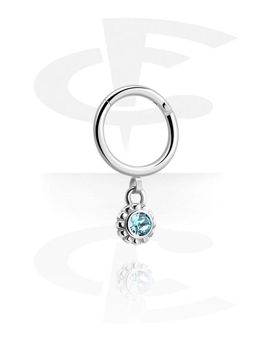 Anéis piercing, Multi-purpose clicker (aço cirúrgico, prata, acabamento brilhante) com pendente flor e pedra de cristal, Aço cirúrgico 316L
