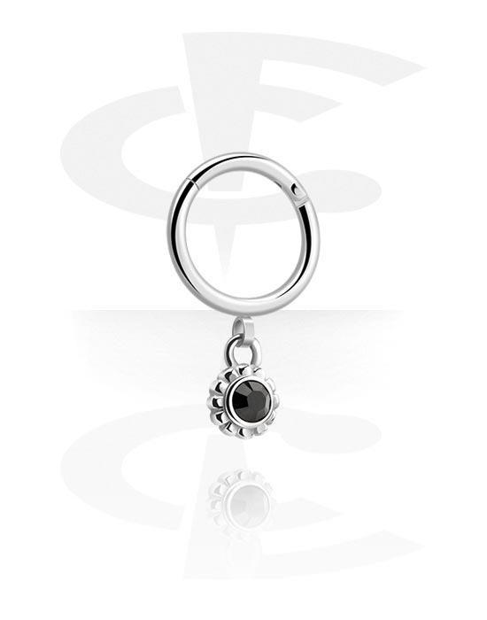 Piercing Rings, Piercing clicker (surgical steel, silver, shiny finish) with flower charm and crystal stone, Surgical Steel 316L