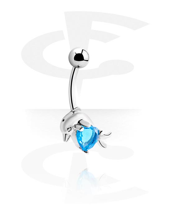 Zahnuté činky, Kroužek do pupíku (chirurgická ocel, stříbrná, lesklý povrch) s designem delfín a krystalovým kamínkem, Chirurgická ocel 316L
