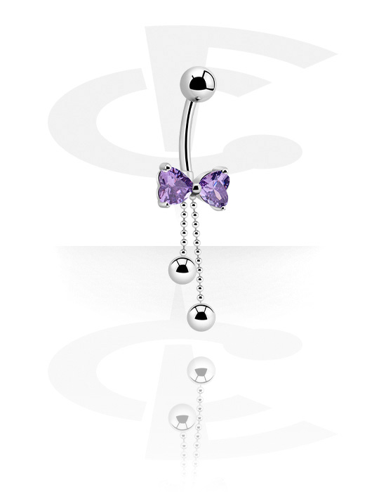 Curved Barbells, Belly button ring (surgical steel, silver, shiny finish) with bow and crystal stones, Surgical Steel 316L