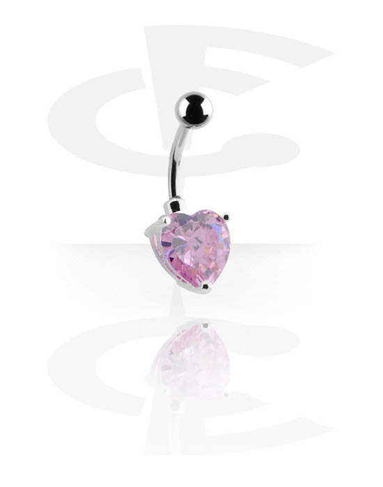 Curved Barbells, Belly button ring (surgical steel, silver, shiny finish) with heart attachment and crystal stone, Surgical Steel 316L