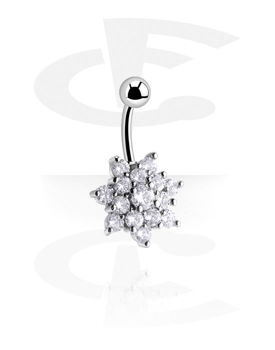 Curved Barbells, Belly button ring (surgical steel, silver, shiny finish) met bloemenaccessoire en kristalsteentjes, Chirurgisch staal 316L