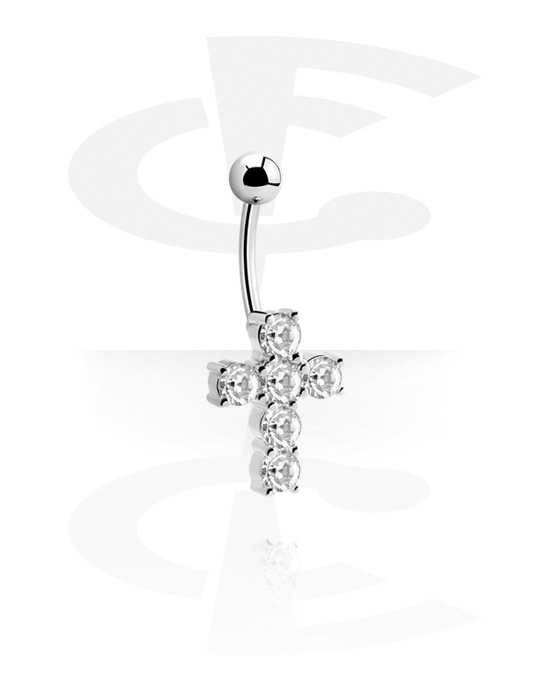 Curved Barbells, Belly button ring (surgical steel, silver, shiny finish) with cross design and crystal stones, Surgical Steel 316L