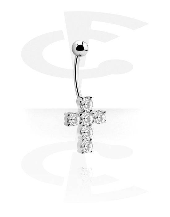Curved Barbells, Belly button ring (surgical steel, silver, shiny finish) with cross design and crystal stones, Surgical Steel 316L