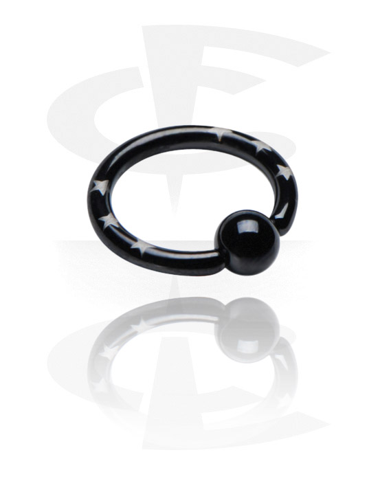 Alke za piercing, Prsten s kuglicom (kirurški čelik, crna, sjajna završna obrada) s dizajnom zvijezde, Crni kirurški čelik 316L