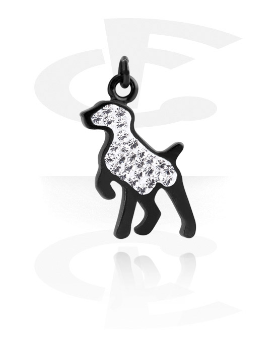 Balls, Pins & More, Charm (plated brass, black) with dog design and crystal stones, Plated Brass