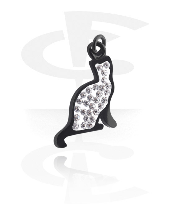 Kugeln, Stäbe & mehr, Charm (Plattiertes Messing, schwarz) mit Katzen-Design und Kristallsteinchen, Plattiertes Messing