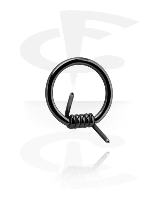 Piercing Ringe, Ring med kuglelukning (kirurgisk stål, sort, blank finish) med pigtrådsdesign, Kirurgisk stål 316L, sort kirurgisk stål 316L