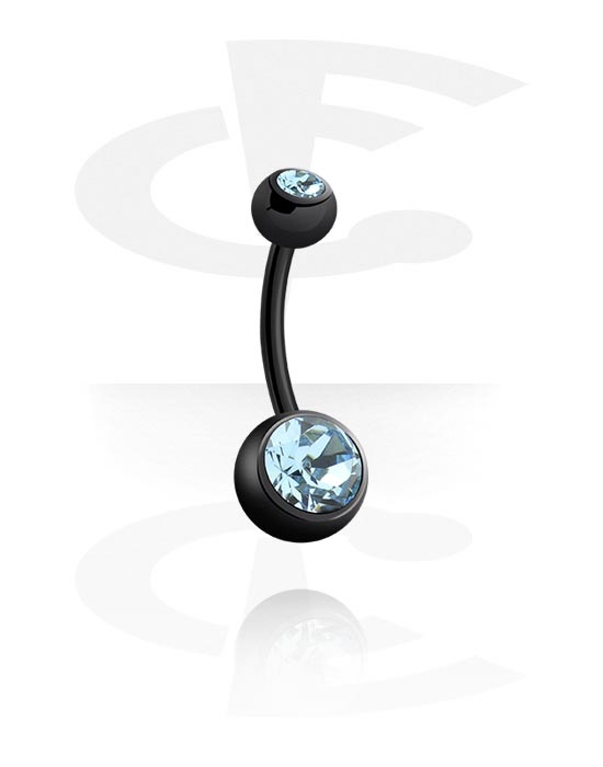 Curved Barbells, Belly button ring (surgical steel, black, shiny finish) with crystal stones, Black Surgical Steel 316L