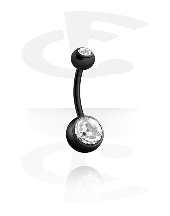 Ívelt barbellek, Belly button ring (surgical steel, black, shiny finish) val vel Kristálykövek, Fekete sebészeti acél, 316L